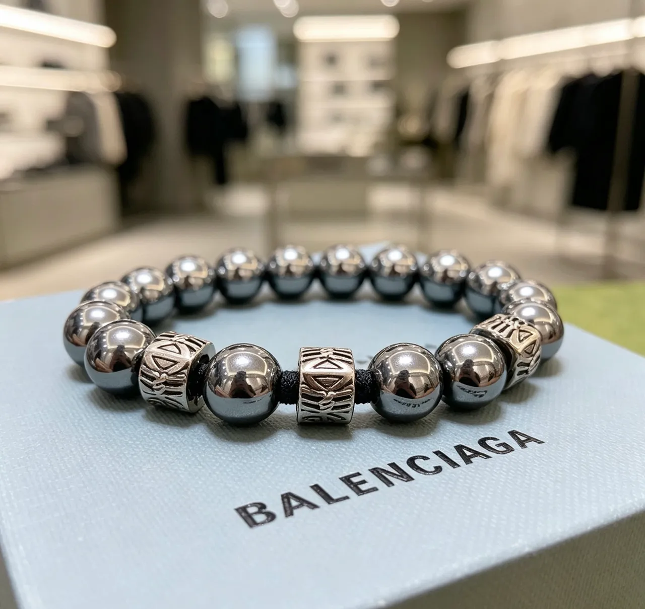 Balenciaga Silver Metallic Bead Alternating Spherical And Engraved Square Beads Bracelet 2