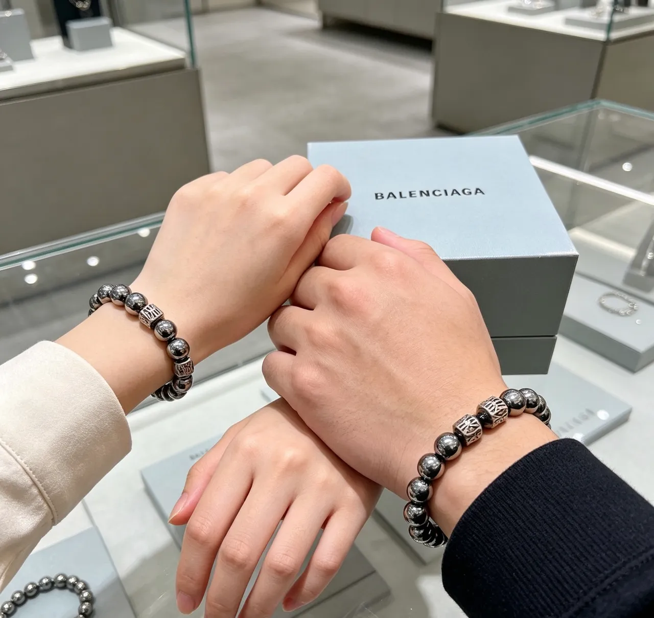 Balenciaga Silver Metallic Bead Alternating Spherical And Engraved Square Beads Bracelet 3
