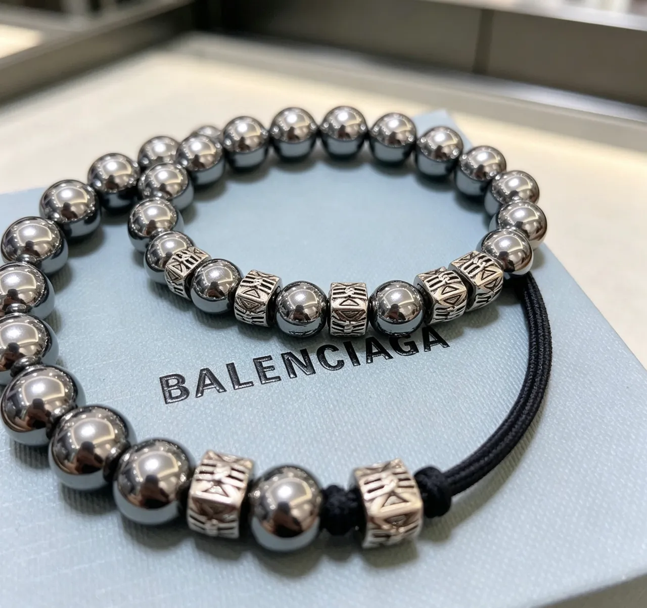 Balenciaga Silver Metallic Bead Alternating Spherical And Engraved Square Beads Bracelet 4