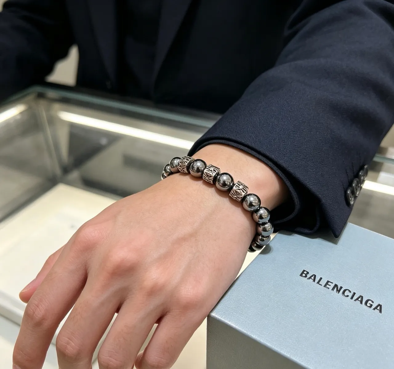 Balenciaga Silver Metallic Bead Alternating Spherical And Engraved Square Beads Bracelet 5
