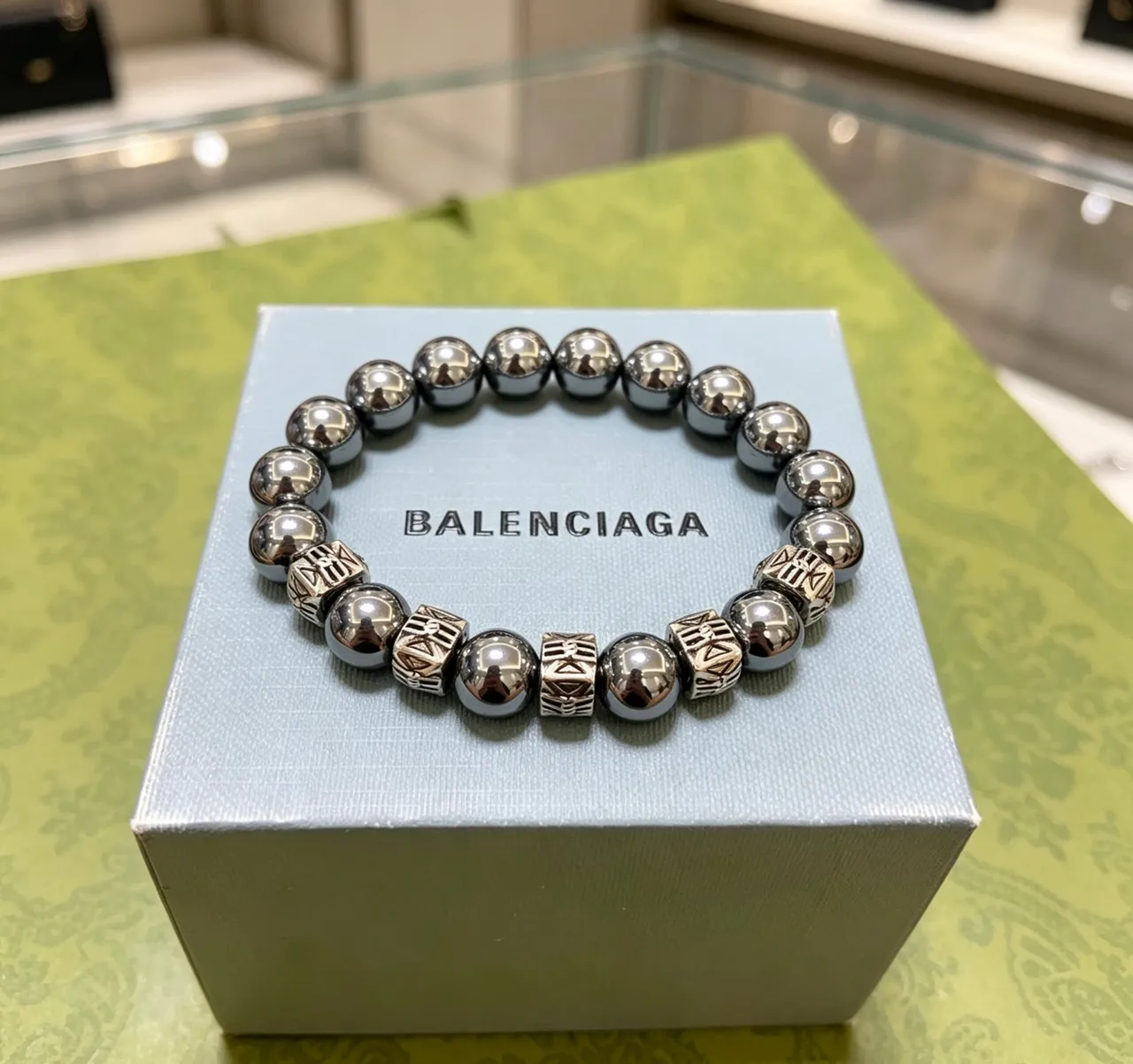 Balenciaga Silver Metallic Bead Alternating Spherical And Engraved Square Beads Bracelet 6