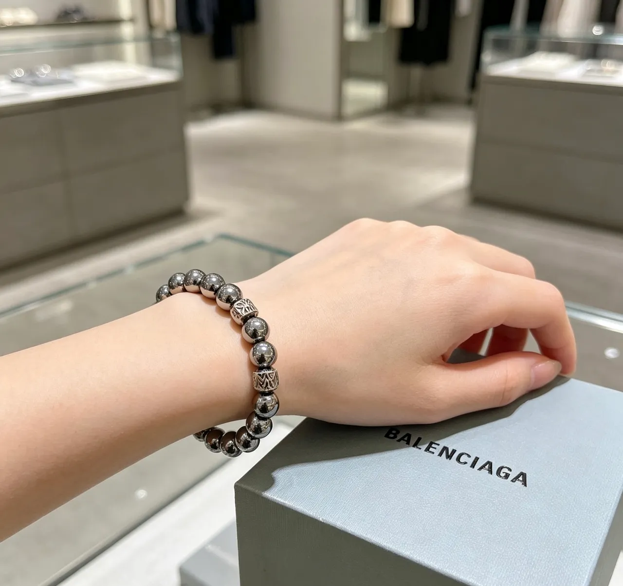 Balenciaga Silver Metallic Bead Alternating Spherical And Engraved Square Beads Bracelet 7
