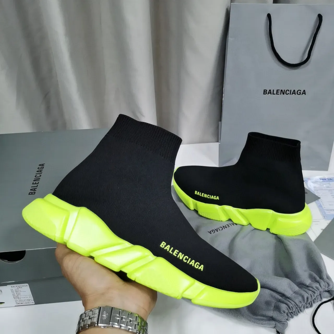Balenciaga Speed Trainer Black and Neon Yellow Lifestyle Sneakers 5