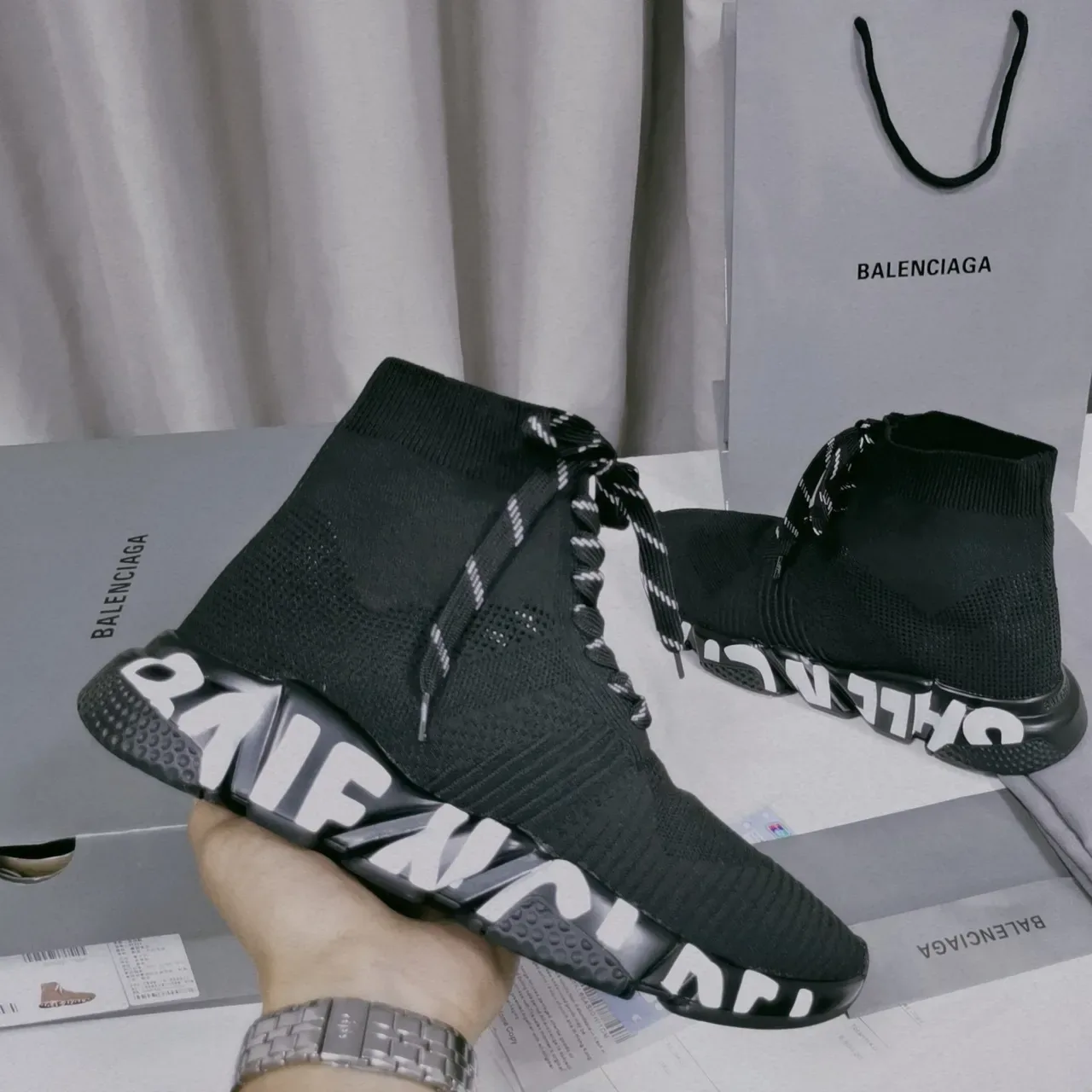 Balenciaga Speed Trainer حذاء رياضي أسود نسيج سميك 5