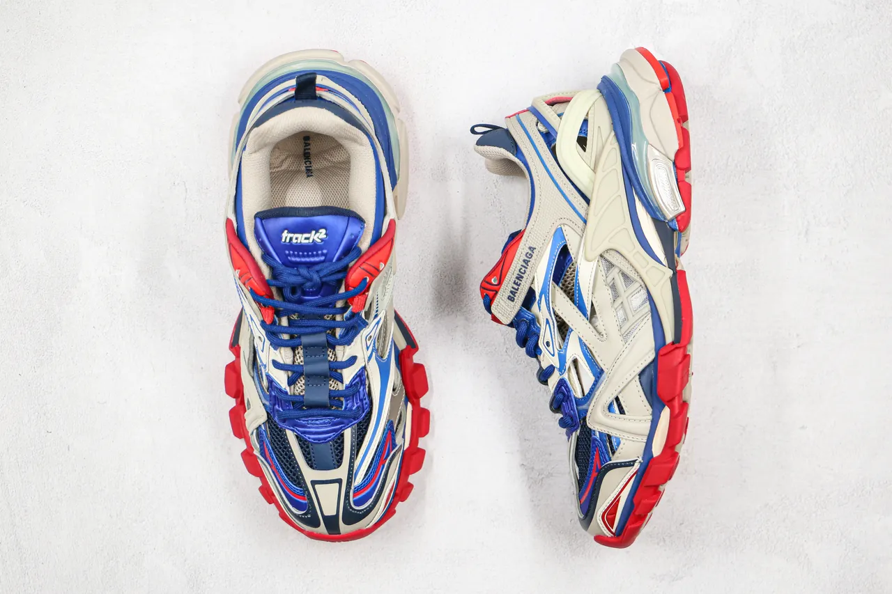 Balenciaga Track Trainer Off-White Blue Red tênis com sola grossa 10