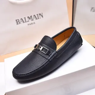 Balmain B-Court Black Beige Pebbled Leather Metal Buckle Loafer