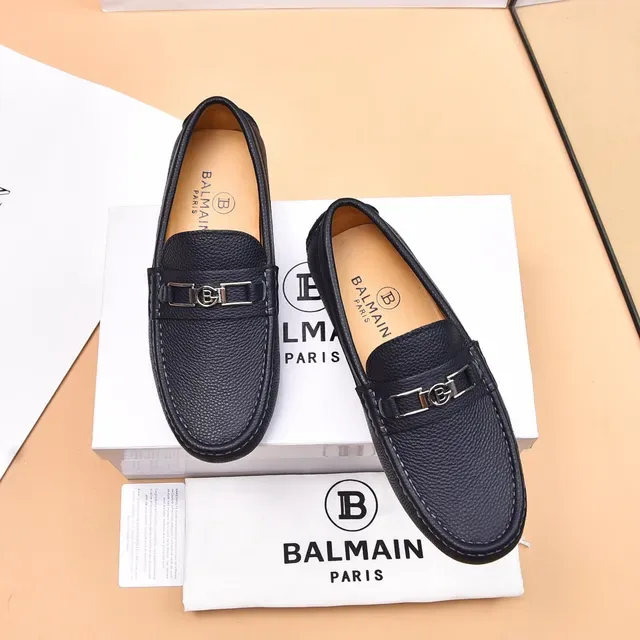 Balmain B-Court Black Beige Pebbled Leather Metal Buckle Loafer 2