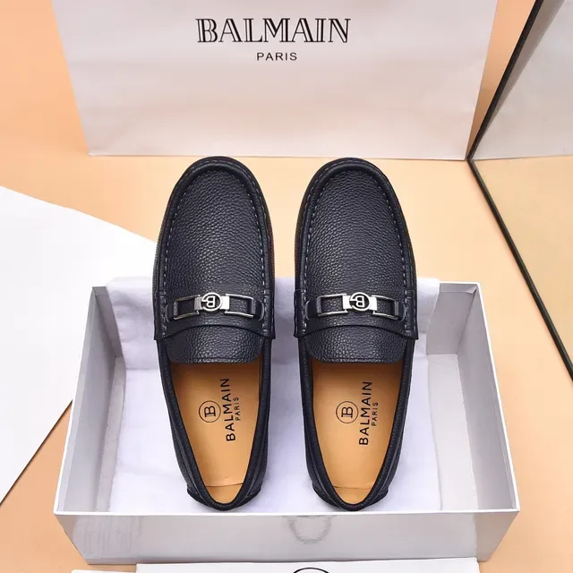 Balmain B-Court Black Beige Pebbled Leather Metal Buckle Loafer 3