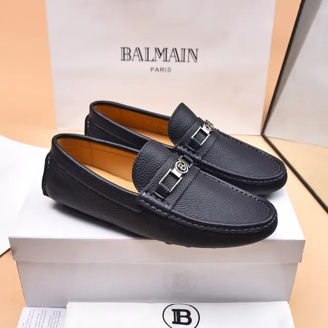 Balmain B-Court Black Beige Pebbled Leather Metal Buckle Loafer 4