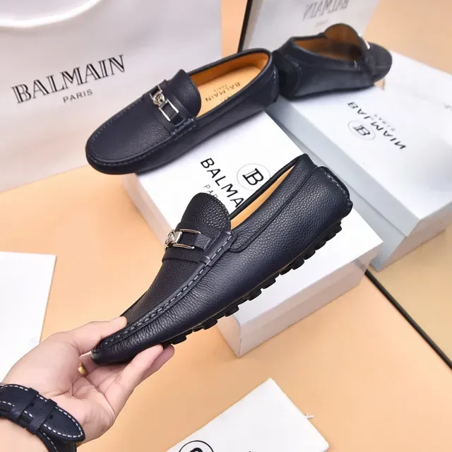 Balmain B-Court Black Beige Pebbled Leather Metal Buckle Loafer 5