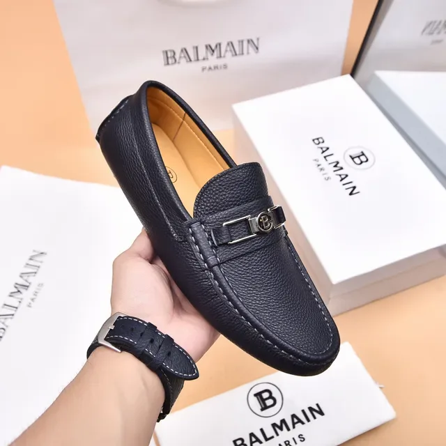 Balmain B-Court Black Beige Pebbled Leather Metal Buckle Loafer 6