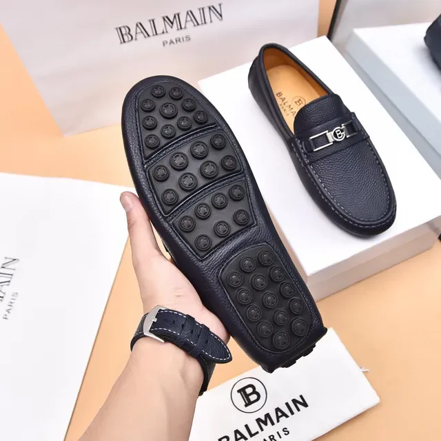 Balmain B-Court Black Beige Pebbled Leather Metal Buckle Loafer 7