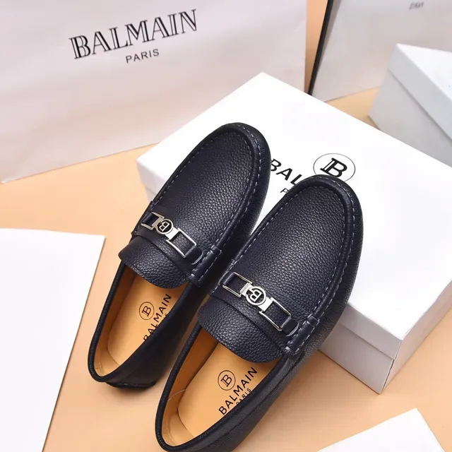 Balmain B-Court Black Beige Pebbled Leather Metal Buckle Loafer 8