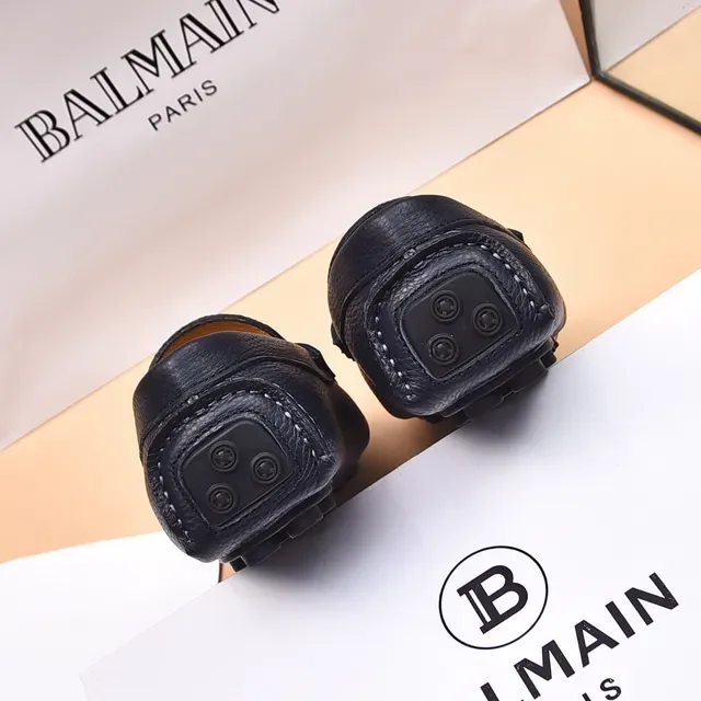 Balmain B-Court Black Beige Pebbled Leather Metal Buckle Loafer 9