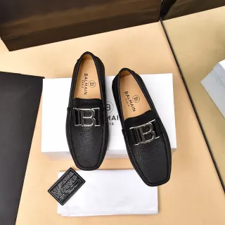 Balmain B-Court Black Pebbled Leather Buckle Loafers