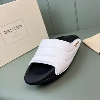 Balmain B-Court White Black Quilted Strap Molded Sole Slippers