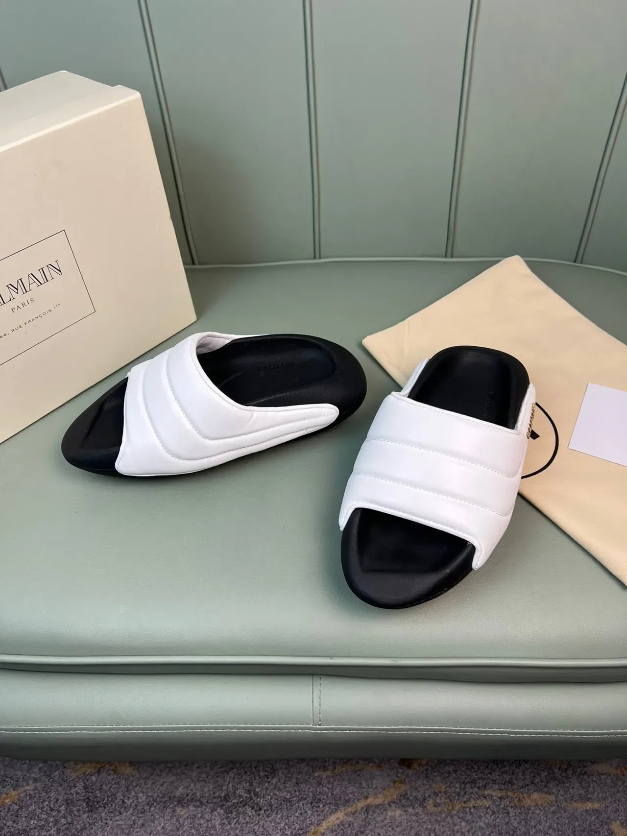 Balmain B-Court White Black Quilted Strap Molded Sole Slippers 6
