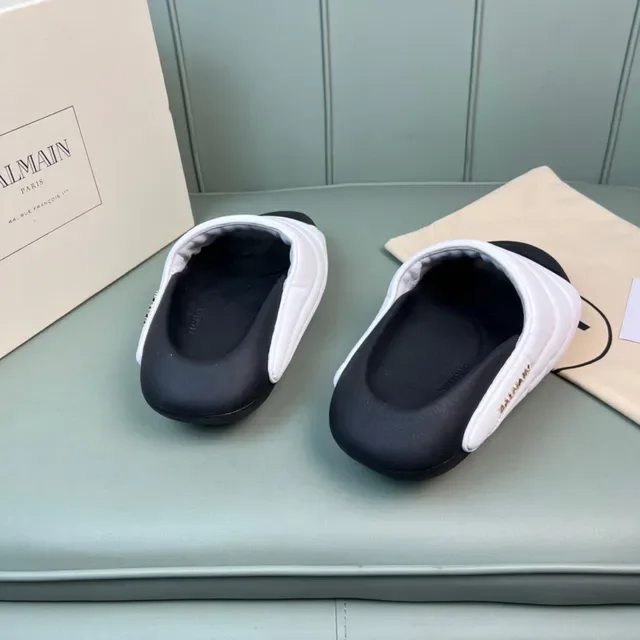 Balmain B-Court White Black Quilted Strap Molded Sole Slippers 7