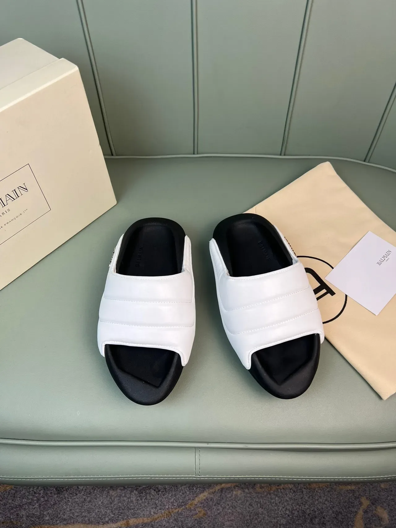 Balmain B-Court White Black Quilted Strap Molded Sole Slippers 9