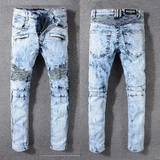 Balmain B-Moto Blue Black Acid-Wash Distressed Striped Panels Jeans