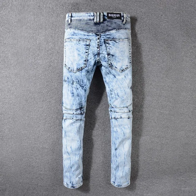 Balmain B-Moto Bleu Noir Lavé à l'acide Déchiré Panneaux Rayés Jeans 2