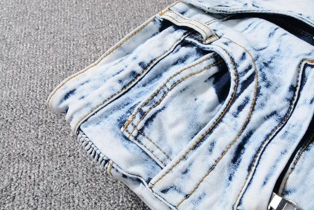 Balmain B-Moto Bleu Noir Lavé à l'acide Déchiré Panneaux Rayés Jeans 4