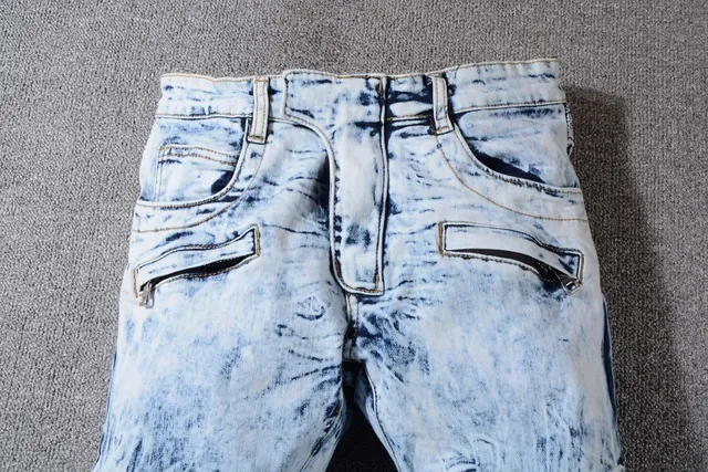 Balmain B-Moto Bleu Noir Lavé à l'acide Déchiré Panneaux Rayés Jeans 6