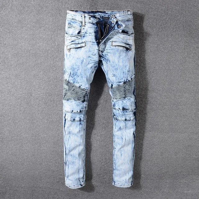 Balmain B-Moto Bleu Noir Lavé à l'acide Déchiré Panneaux Rayés Jeans 9