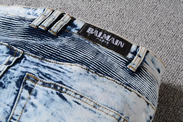 Balmain B-Moto Bleu Noir Lavé à l'acide Déchiré Panneaux Rayés Jeans 11