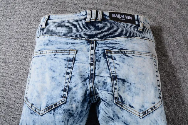 Balmain B-Moto Bleu Noir Lavé à l'acide Déchiré Panneaux Rayés Jeans 13