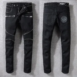 Balmain Biker Black Silver Studded Zippered Jeans