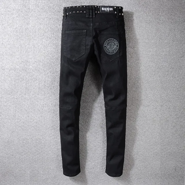 Balmain Biker Black Silver Studded Zippered Jeans 7