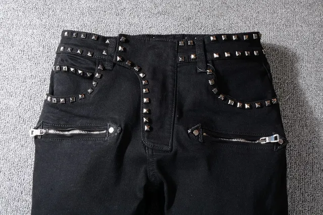 Balmain Biker Black Silver Studded Zippered Jeans 10