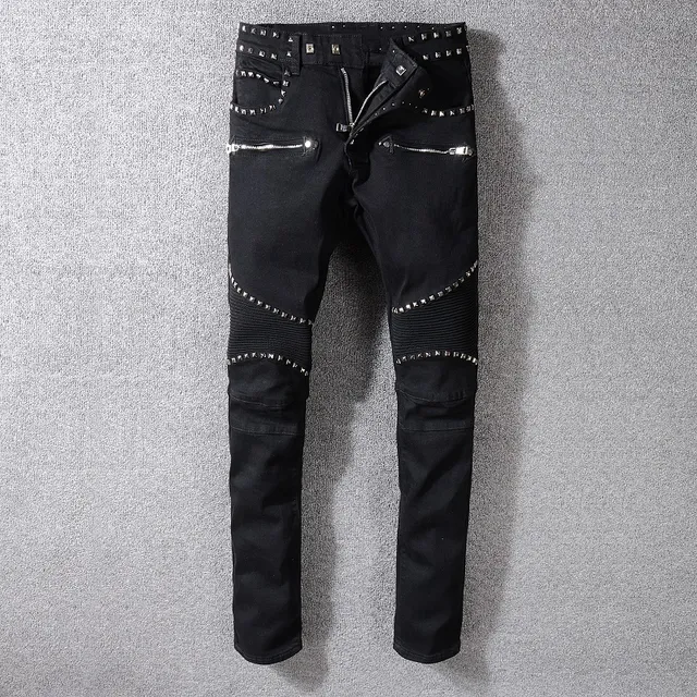 Balmain Biker Black Silver Studded Zippered Jeans 14