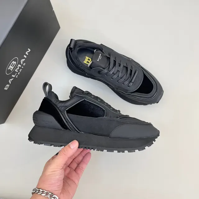Balmain Black Monochrome Layered Synthetic And Velvet Panels Sneakers 6