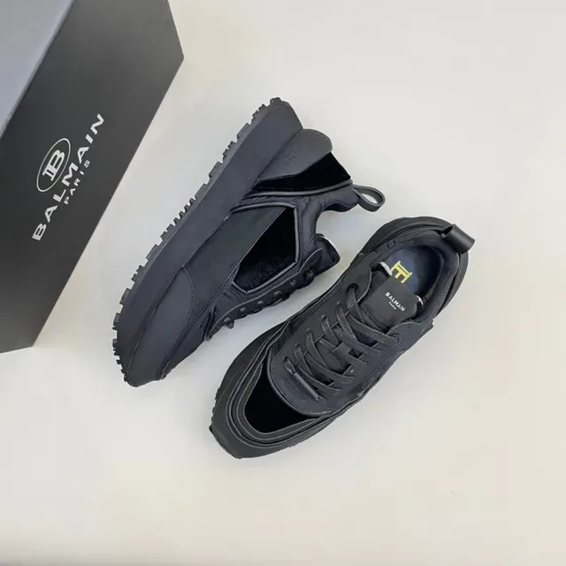 Balmain Black Monochrome Layered Synthetic And Velvet Panels Sneakers 7