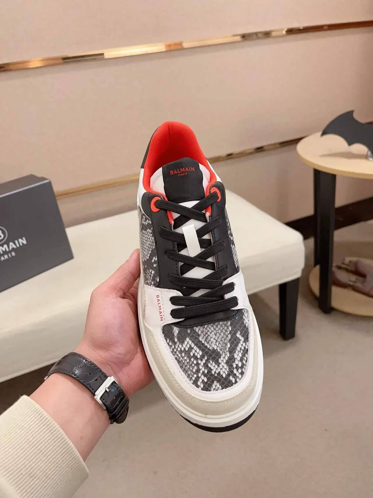 Balmain White Gray Low-Top Platform Sneaker Snakeskin-Textured Panels Lifestyle Sneakers 2