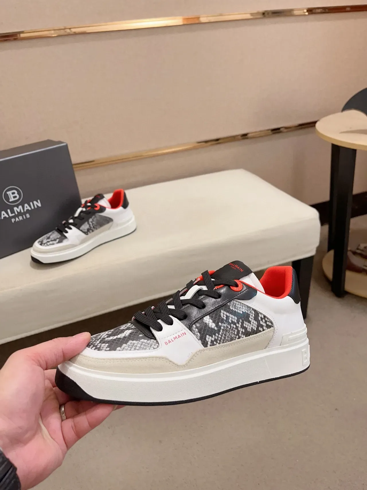 Balmain White Gray Low-Top Platform Sneaker Snakeskin-Textured Panels Lifestyle Sneakers 3