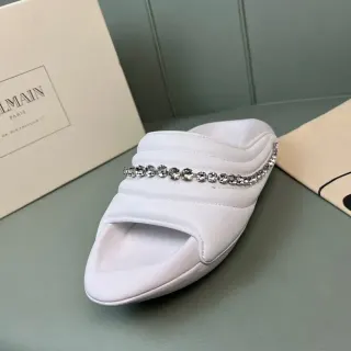 Balmain White Silver Padded Quilted Strap Crystal-Embellished Band Slippers