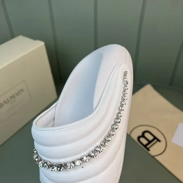 Balmain White Silver Padded Quilted Strap Crystal-Embellished Band Slippers 3