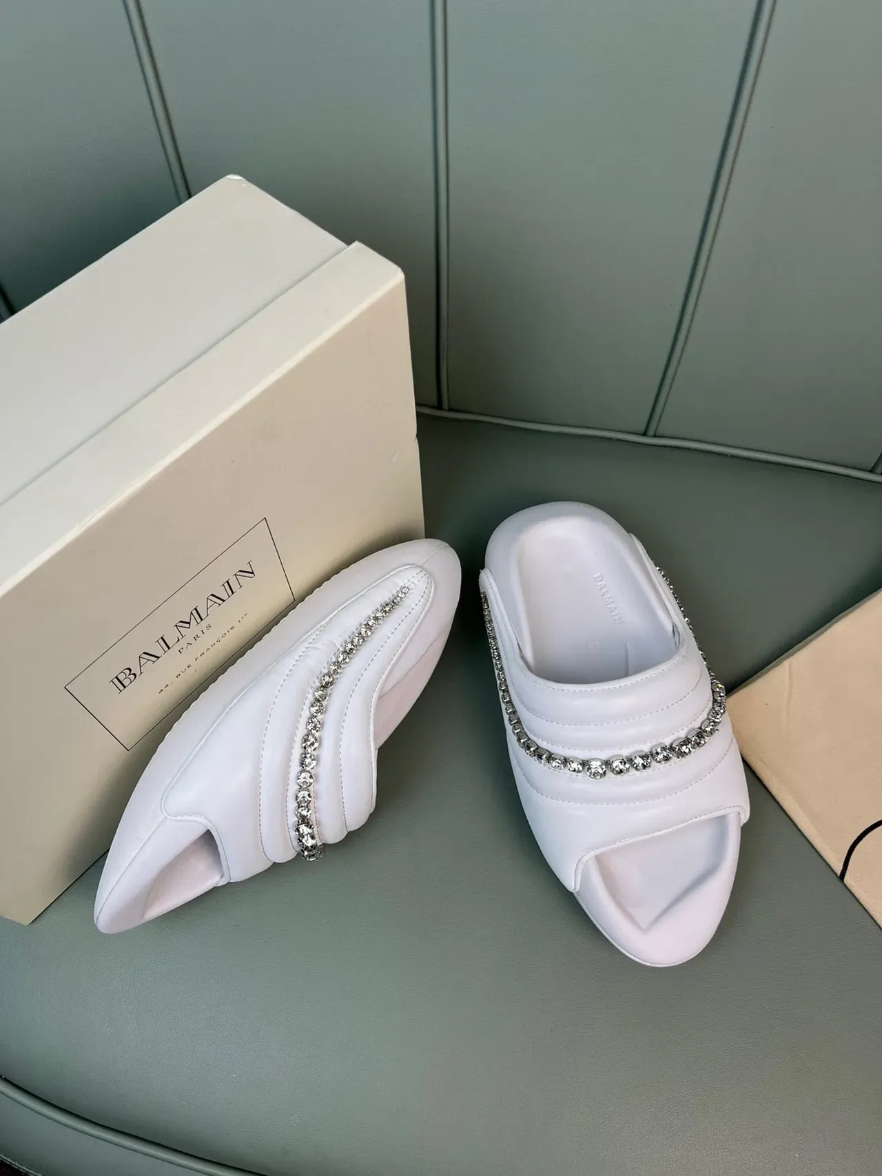 Balmain White Silver Padded Quilted Strap Crystal-Embellished Band Slippers 4