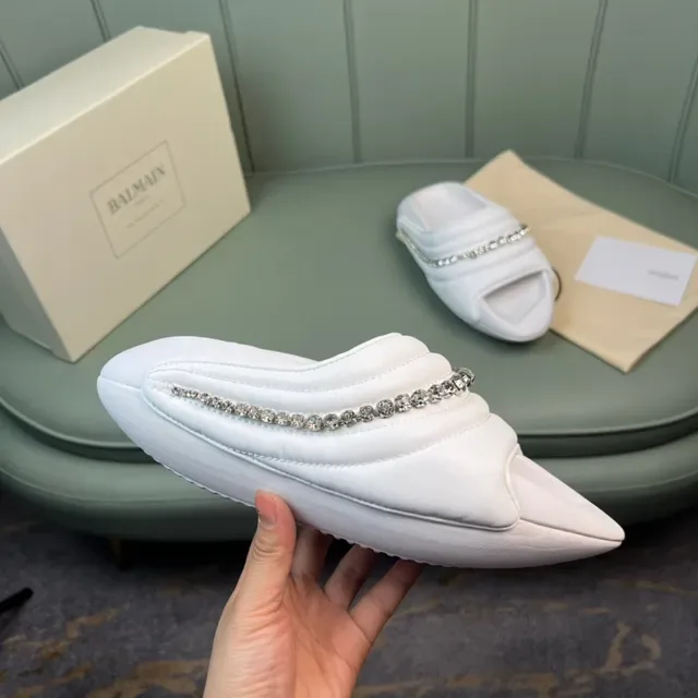 Balmain White Silver Padded Quilted Strap Crystal-Embellished Band Slippers 5