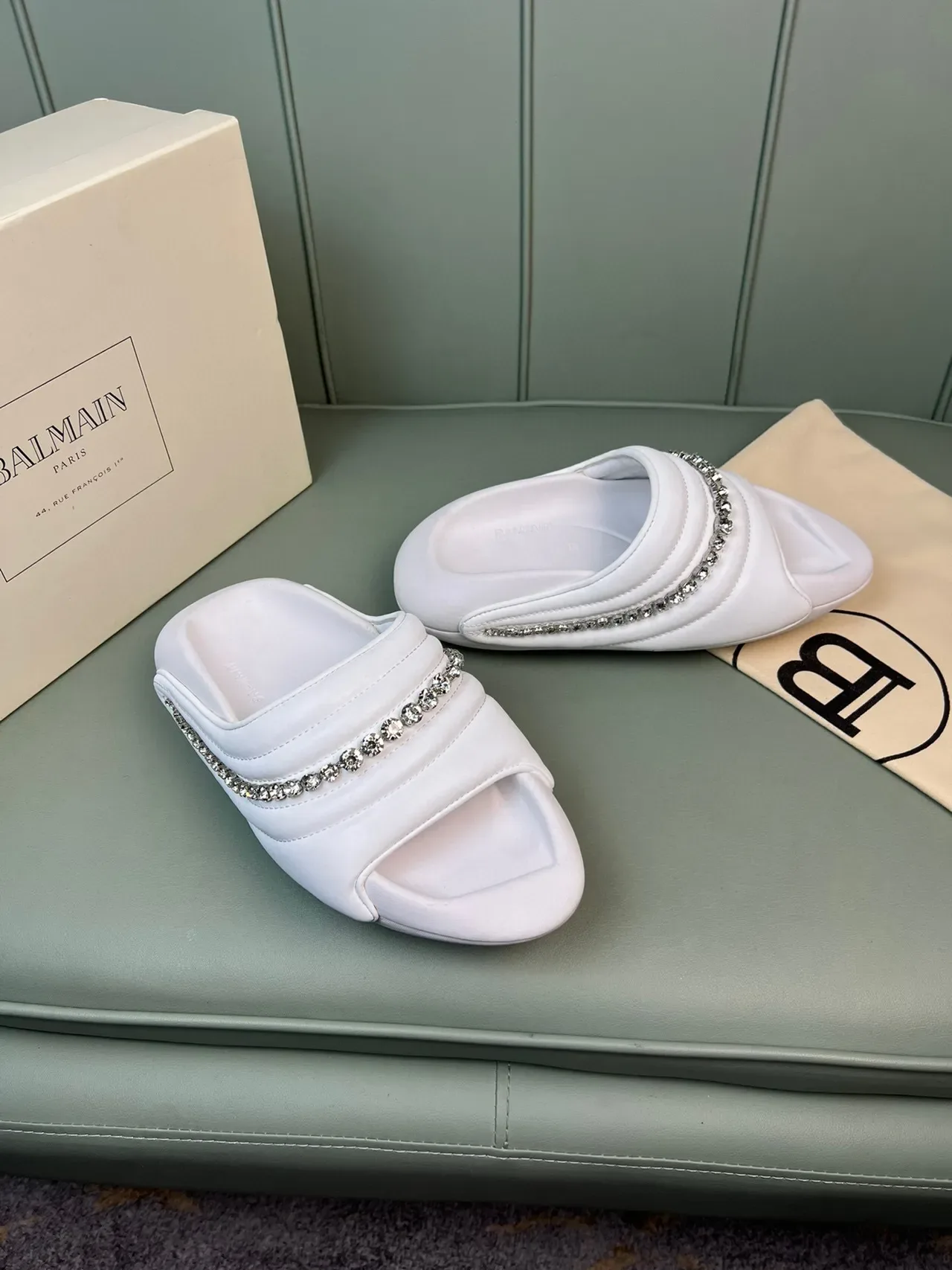 Balmain White Silver Padded Quilted Strap Crystal-Embellished Band Slippers 6