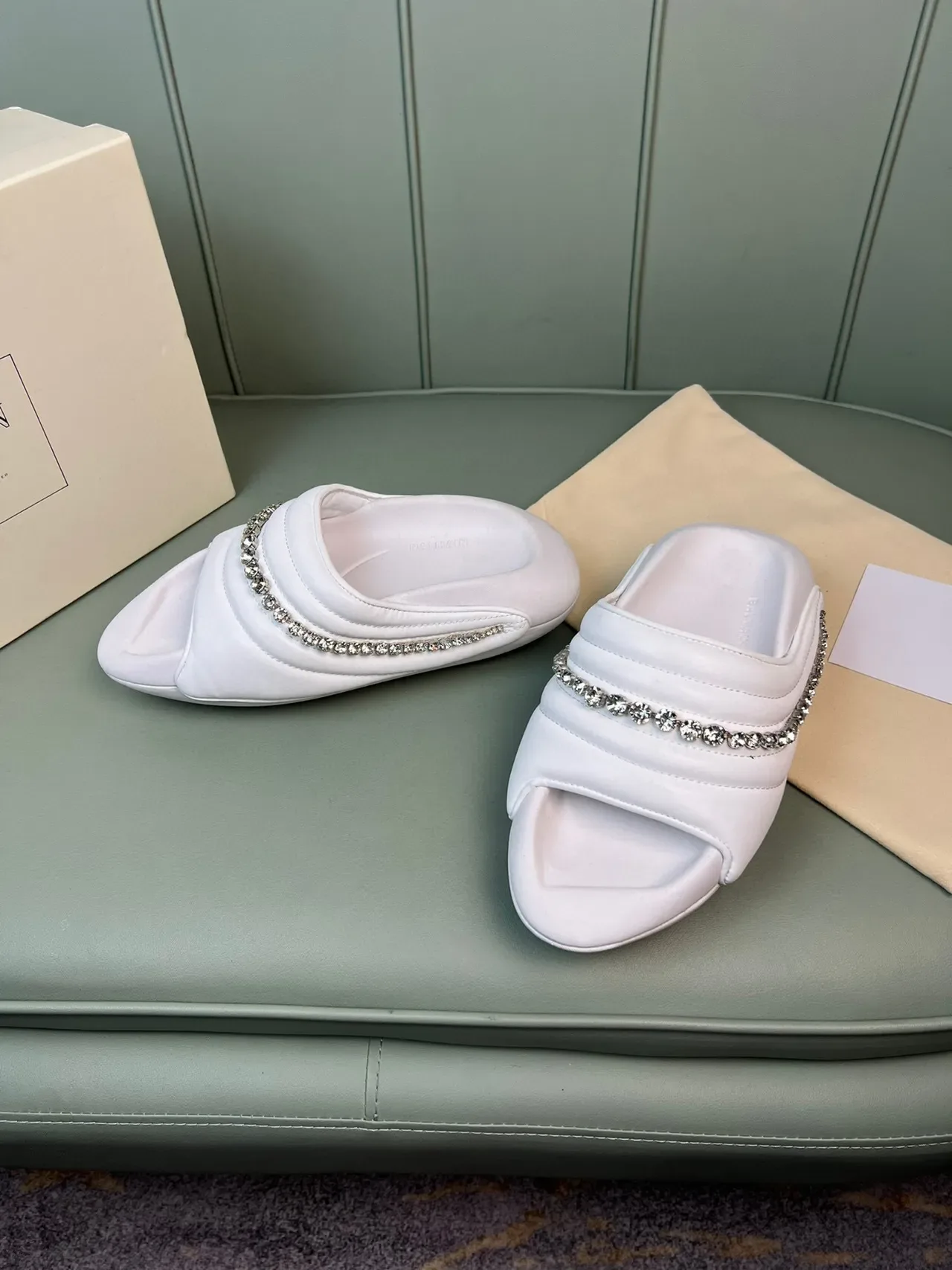 Balmain White Silver Padded Quilted Strap Crystal-Embellished Band Slippers 8