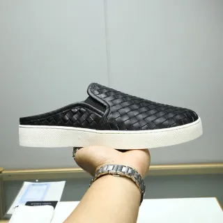 Bottega Veneta Black White Woven Leather Slip-On Mule Loafer
