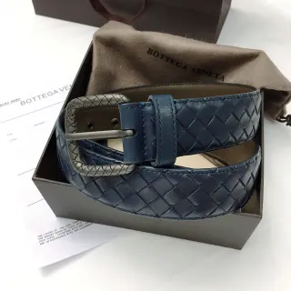 Bottega Veneta Intrecciato नेवी सिल्वर वीवन आयताकार बकल लेदर बेल्ट