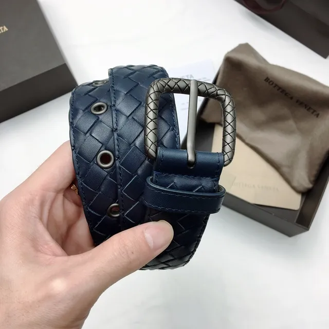 Bottega Veneta Intrecciato حزام أزرق بحري فضي منسوج مقبض مستطيل جلدي حزام 3