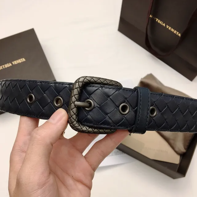 Bottega Veneta Intrecciato حزام أزرق بحري فضي منسوج مقبض مستطيل جلدي حزام 4