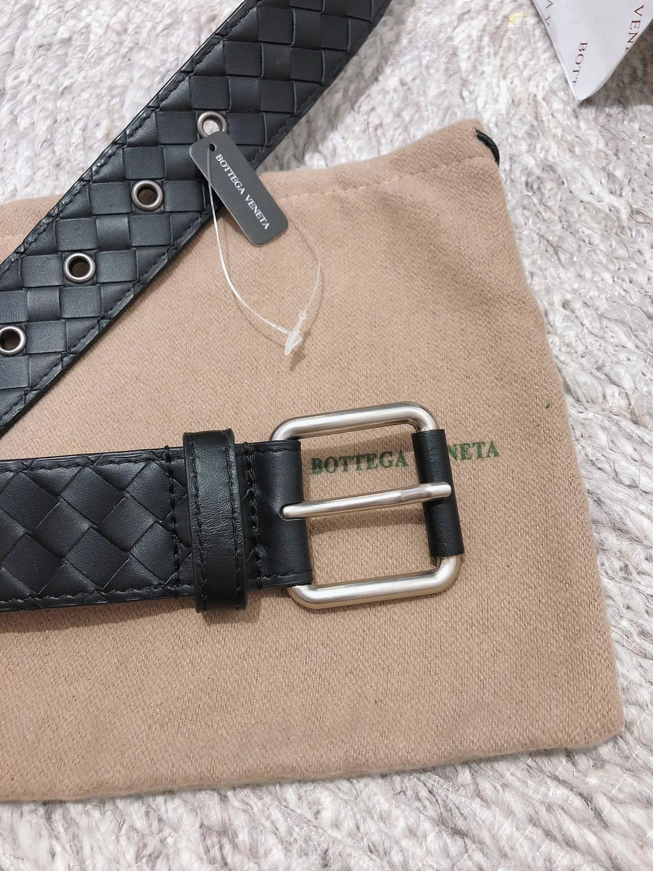 Bottega Veneta Intrecciato حزام جلد أسود فضي منسوج بكل مستطيل 5
