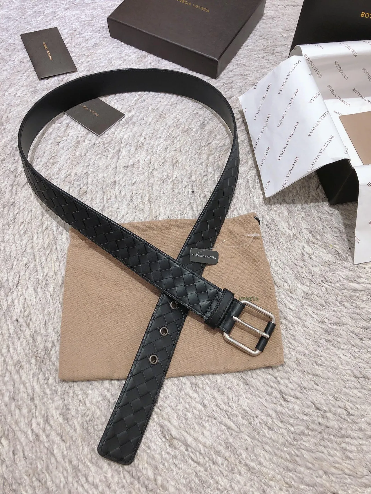 Bottega Veneta Intrecciato حزام جلد أسود فضي منسوج بكل مستطيل 6